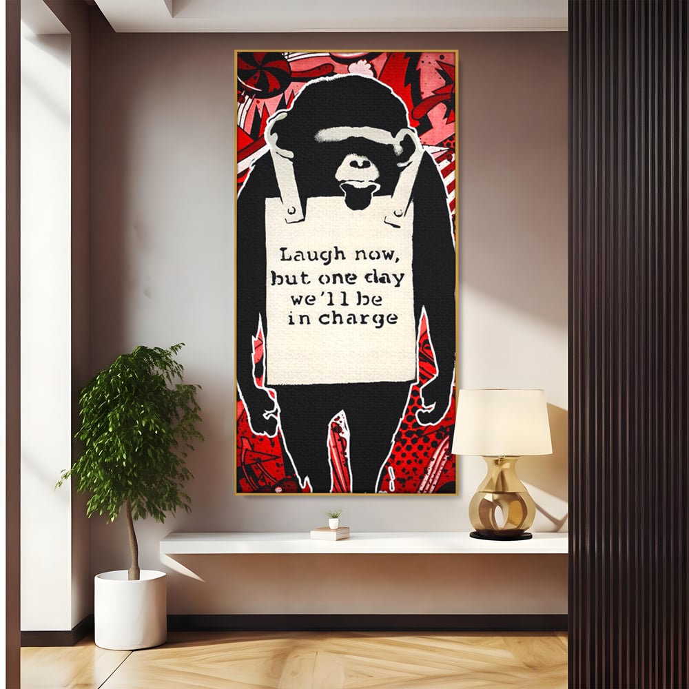 Tablou canvas cu tablou canvas cu cimpanzeu stilizat, in rama de aluminiu auriu